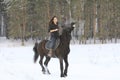 Young woman on top a bay horse in winter forest Royalty Free Stock Photo