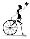 Young woman with a top hat rides retro bike illustration