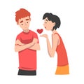 Young woman offers her heart to a young man. Undivided love. Vector illustration. Royalty Free Stock Photo