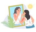 Young woman touching sunburned nose flat vector