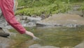 Young woman touching the water of the river in the forest. Young tourist touches the river hand Royalty Free Stock Photo