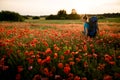 Young woman tourist with backpack and sticks walking on field of poppies Royalty Free Stock Photo