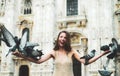 Young woman tourist on Duomo Cathedral, Milan. Royalty Free Stock Photo