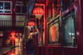 Young woman tourist looks at the Chinese traditional lanterns. Chinese New Year. Travel to China concept Royalty Free Stock Photo