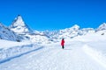 Young Woman Tourist see beautiful view of snow mountain Matterhorn peak, Zermatt, Switzerland Royalty Free Stock Photo