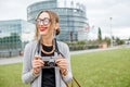 Woman near the European parliament building in Strasbourg Royalty Free Stock Photo