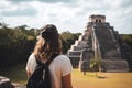 A young woman tourist stands against the backdrop of pyramid, created with Generative AI technology