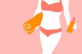 Young woman with towel and cream in hand summer in a bathing suit. Concept rest and spa procedure. Vector cartoon