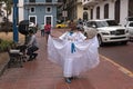 Young woman in traditional clothes in the old town casco viejo of panama city, panama