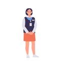 Young woman train attendant cartoon character wearing uniform providing professional service