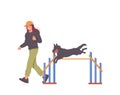 Young woman trainer teaching dog to jump over obstacles conducting agility training exercise