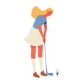 Young woman training golf course. Flat illustration with one female character with long hair in summer clothes Royalty Free Stock Photo