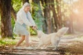 Young woman trains dog with golden retriever to follow command to sit and catch stick in summer park Royalty Free Stock Photo