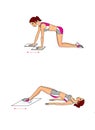 Young woman is being bathed at home using towels. Young woman trains at home using towels. Exercises for the press and