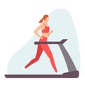 Young woman trains on a treadmill. Exercise machine. Healthy lifestyle. Vector illustration in hand drawn flat style