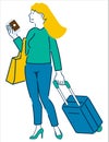 Young Woman with Travel Suitcase and a Passport with Boarding Pass Tickets. Flat vector illustration eps10