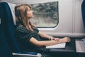 Young woman travel in train. Sitting alone and look at window. Relax after reading book or studying. Student or female