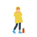 Young woman traveler cartoon character wearing warm clothes outwear drinking hot tea from thermos