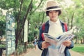 young woman traveler hand hold and look map