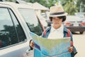 young woman traveler hand hold and look map Royalty Free Stock Photo