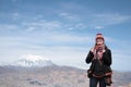 Young woman traveler with panorama of La Paz Royalty Free Stock Photo