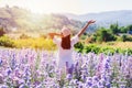 Young woman traveler relaxing and enjoying with blooming flower field in the morning, Travel lifestyle concept Royalty Free Stock Photo