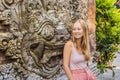 Young woman traveler in Ubud palace, Bali - Inside the Ubud palace, Bali, Indonesia Royalty Free Stock Photo