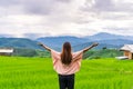 Young woman traveler on vacation enjoying and looking at beautiful green rice terraces field in Pa Pong Pieng, Chiangmai Thailand Royalty Free Stock Photo