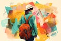 Young woman travels with backpack, modern art collage