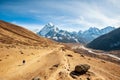 Young woman trekking in valley Dukh Koshi river leading to the Everest base camp with Ama Dablam peak. Trekking in Nepal Himalayas Royalty Free Stock Photo