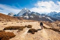 Young woman trekking in valley leading to the Everest base camp with Ama Dablam peak. Trekking in Nepal Himalayas. EBC Everest Royalty Free Stock Photo