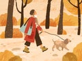 Young woman in trendy warm outwear walking dog in autumn park, admiring nature. Fashionable female character with pet in