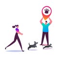 Young Woman Trying to Catch Dog and Cat Running Fast, Male Character Holding Huge Geolocation Pin Royalty Free Stock Photo