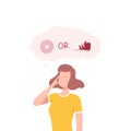 Young Woman Trying to Make Decision, Girl hoosing Between Healthy and Unhealthy Lifestyle Flat Vector Illustration Royalty Free Stock Photo
