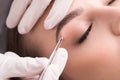 Young woman tweezing her eyebrows in beauty saloon