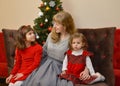 The young woman and two girls sit against the background of a New Year tree