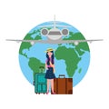 Young woman with two suitcases travel airplane world