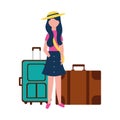 Young woman with two suitcases travel