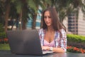 Young woman typing on a laptop studying or working in the park Royalty Free Stock Photo