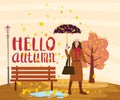 Young woman with umbrella in the autumn park city, trendy clothes street fashionable style outwear female, fall mood