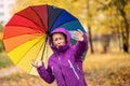 A young woman with an umbrella in a rain jacket wears a hood and protects her head from rain and strong wind during late autumn Royalty Free Stock Photo