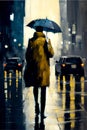 Young woman with umbrella in the rain. Urban scene. Digital painting.