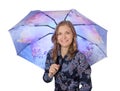 Young woman under a blue umbrella, isolated