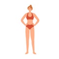 Young woman in underwear with slim body. Happy female in bikini with slender figure. Thin person standing in swimsuit