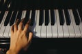 young woman use left hand play piano has piano key are background. this image for music, artist, art, instrument, entertainment c