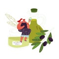 Young Woman Use Olive Oil in Cosmetics, Beauty Care and Cooking Purposes. Tiny Female Character