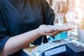 Young woman uses her hand to press hand sanitizer bottle to clean her hand. Hand sanitizer alcohol gel rub clean hands hygiene Royalty Free Stock Photo