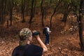 young woman using binoculars, bird watching in the forest.two friends hiking. young women on vacation.