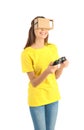 Young woman using cardboard virtual reality headset Royalty Free Stock Photo