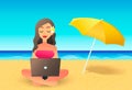 Young woman using laptop computer on a beach. Freelance work concept. Cartoon flat girl working near the ocean